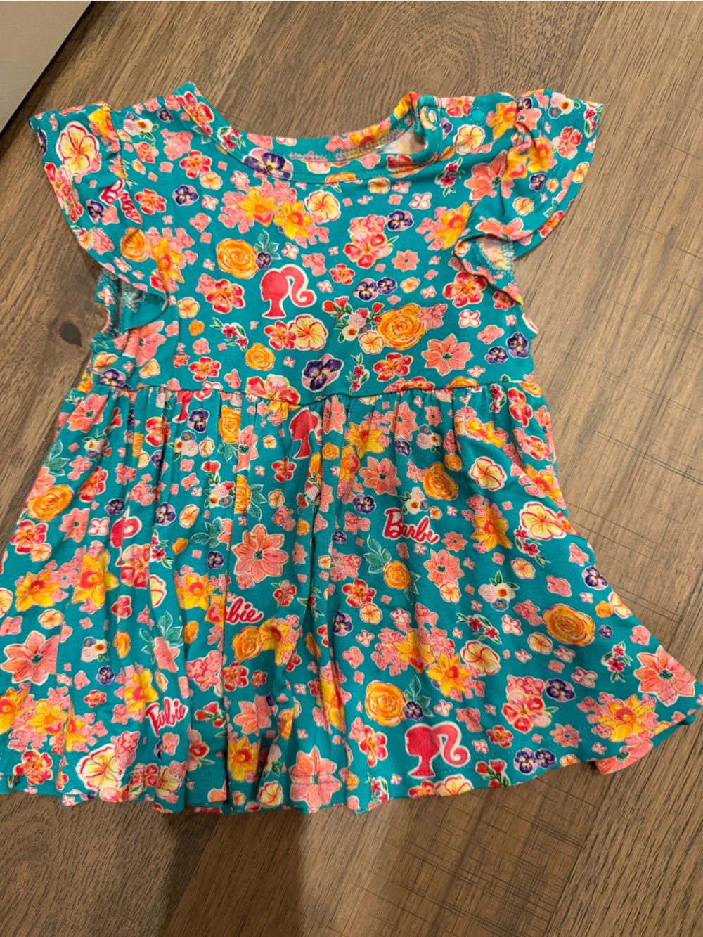 Barbie Teal Floral Flutter Sleeve top with Pink & Yellow Accents